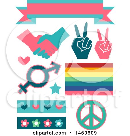 Clipart of Gender Equality Signs and Elements like a Ribbon, Handshake, Peace Sign, Rainbow, Hearts and Flowers - Royalty Free Vector Illustration by BNP Design Studio
