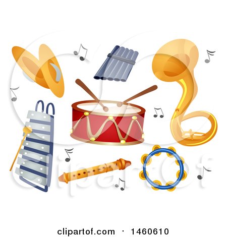 Clipart of Cymbals, Xylophone, Pan Flute, Drums, Flute, Sousaphone and Tambourine - Royalty Free Vector Illustration by BNP Design Studio