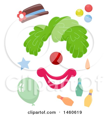 Clipart of Funny Face Clown Elements Consisting of a Hat, Wig, Round Nose, Mouth, Balloon, Balls, Bowling Pins - Royalty Free Vector Illustration by BNP Design Studio