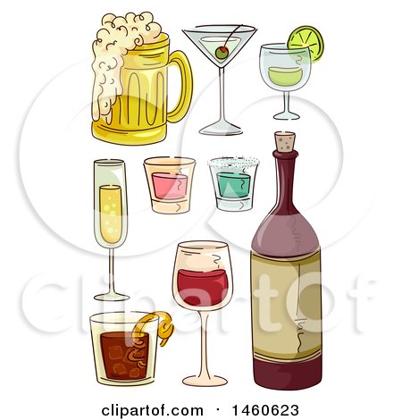 Clipart of Sketched Alcoholic Beverages like Red Wine, Beer, Cocktails, Champagne and Shot Glasses - Royalty Free Vector Illustration by BNP Design Studio