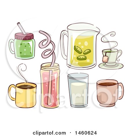 Clipart of a Sketched Green Smoothie, Coffee, Tea, Lemonade, Milk, Juice and Hot Cocoa - Royalty Free Vector Illustration by BNP Design Studio