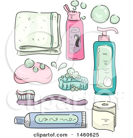 Clipart of a Sketched Towel, Shampoo, Soap, Tooth Brush, Tooth Paste, Tissue and Lotion - Royalty Free Vector Illustration by BNP Design Studio