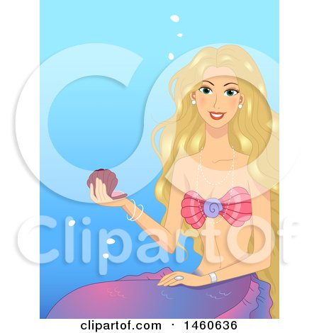 Clipart of a Blond Female Mermaid Holding a Shell - Royalty Free Vector Illustration by BNP Design Studio