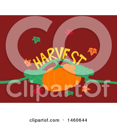 Clipart of a Pumpkin with Fall Leaves and Harvest Text on Red - Royalty Free Vector Illustration by BNP Design Studio