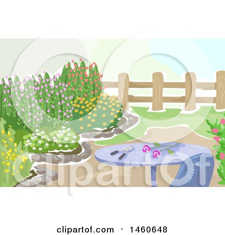 Clipart of a Table and Chair in the Cutting Garden Full of Flowering Shrubs and Plants - Royalty Free Vector Illustration by BNP Design Studio