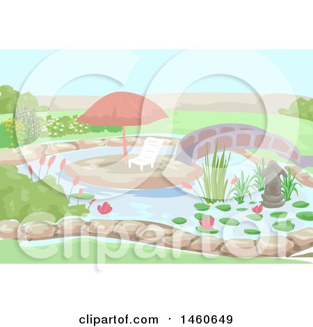 Clipart of a Chair and an Outdoor Umbrella in the Middle of a Water Garden - Royalty Free Vector Illustration by BNP Design Studio
