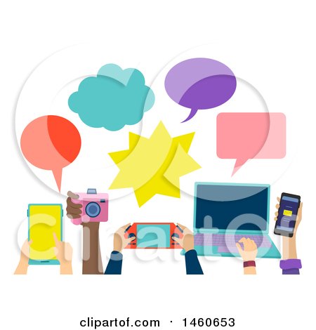 Clipart of People Holding Different Gadgets like Tablet, Camera, Console, Laptop and Cellphone with Speech Bubbles - Royalty Free Vector Illustration by BNP Design Studio