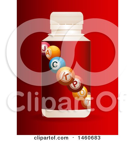 Clipart of a 3d Pill Bottle of Jackpot Balls on Red - Royalty Free Vector Illustration by elaineitalia