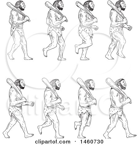 Clipart of a Set of Cavemen Walking with Clubs in Sketched Drawing Style - Royalty Free Vector Illustration by patrimonio