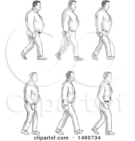 Clipart of a Set of a Man Walking, Going from Fat to Thin, in Sketched Drawing Style - Royalty Free Vector Illustration by patrimonio