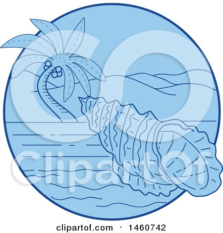 Clipart of a Sea Snail in a Blue Circle with a Palm Tree - Royalty Free Vector Illustration by patrimonio