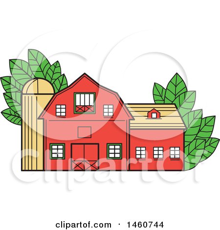 Clipart of a Vintage Red American Barn with Leaves in Mono Line Style - Royalty Free Vector Illustration by patrimonio