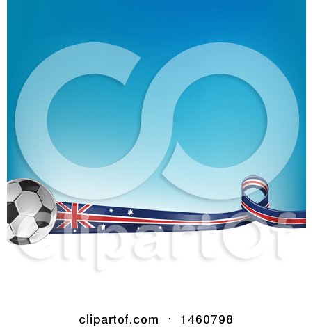 Clipart of a 3d Soccer Balls and Australian Flag Ribbon over White Space and Gradient Blue - Royalty Free Vector Illustration by Domenico Condello