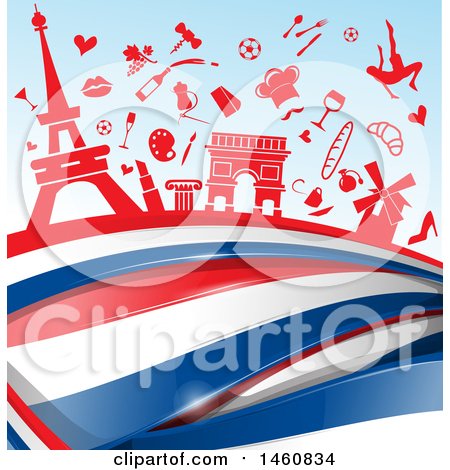 Clipart of a French Flag and Travel Icon Background - Royalty Free Vector Illustration by Domenico Condello