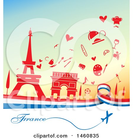 Clipart of a French Flag and Travel Icon Background - Royalty Free Vector Illustration by Domenico Condello
