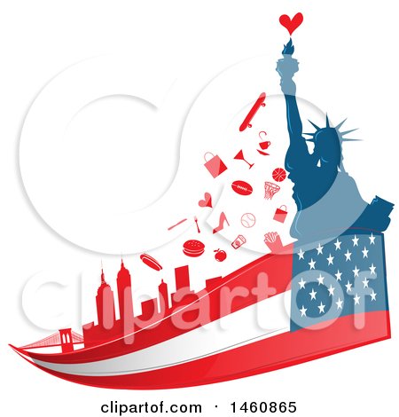 Clipart of an American Flag and Statue of Liberty and Icons Background - Royalty Free Vector Illustration by Domenico Condello