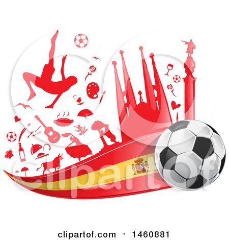 Clipart of a Spanish Flag, Soccer Ball and Icon Background - Royalty Free Vector Illustration by Domenico Condello