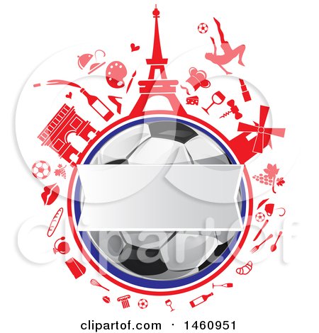 Clipart of a Blank Banner over a Soccer Ball and French Icons - Royalty Free Vector Illustration by Domenico Condello