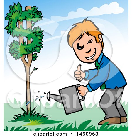 Clipart of a Business Man Watering a Dollar Currency Tree - Royalty Free Vector Illustration by Domenico Condello