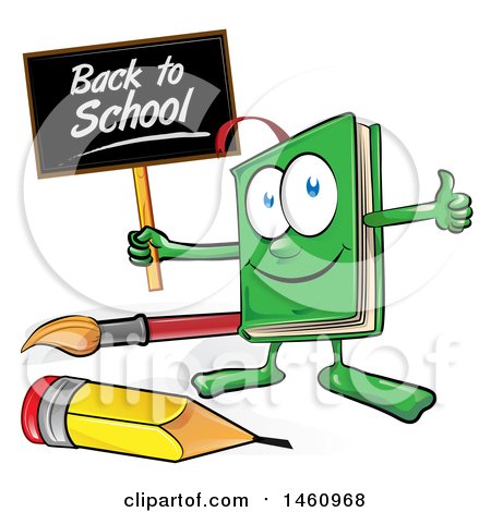 Clipart of a Cartoon Green Book Mascot Holding a Back to School Sign and Giving a Thumb up - Royalty Free Vector Illustration by Domenico Condello