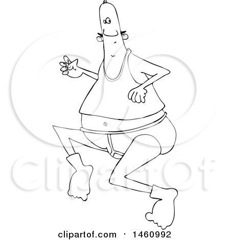 Clipart of a Cartoon Black and White Chubby Man Running in His Underwear - Royalty Free Vector Illustration by djart