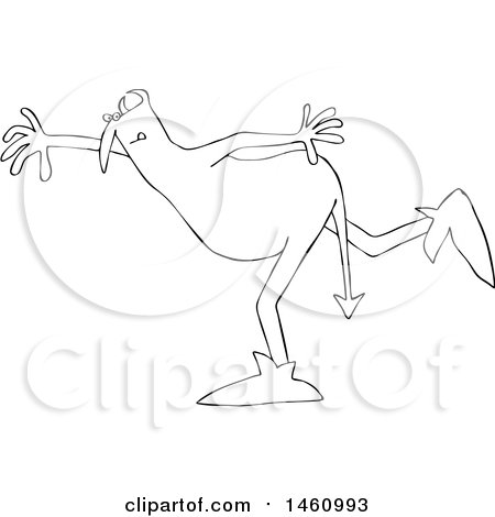 Clipart of a Black and White Chubby Devil Balancing on One Foot - Royalty Free Vector Illustration by djart