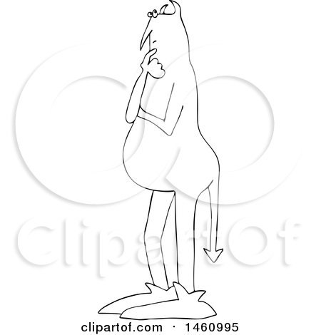 Clipart of a Black and White Chubby Devil Standing and Thinking - Royalty Free Vector Illustration by djart