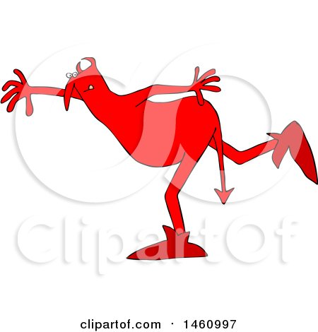 Clipart of a Chubby Red Devil Balancing on One Foot - Royalty Free Vector Illustration by djart