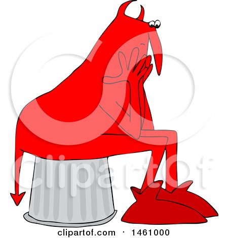 Clipart of a Chubby Red Devil Sitting and Worrying - Royalty Free Vector Illustration by djart