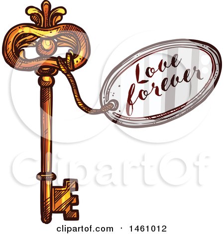 Clipart of a Sketched Vintage Skeleton Key with a Love Forever Tag - Royalty Free Vector Illustration by Vector Tradition SM