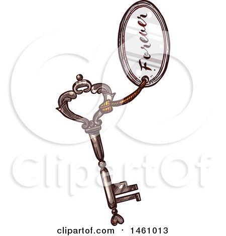 Clipart of a Sketched Vintage Skeleton Key with a Forever Tag - Royalty Free Vector Illustration by Vector Tradition SM