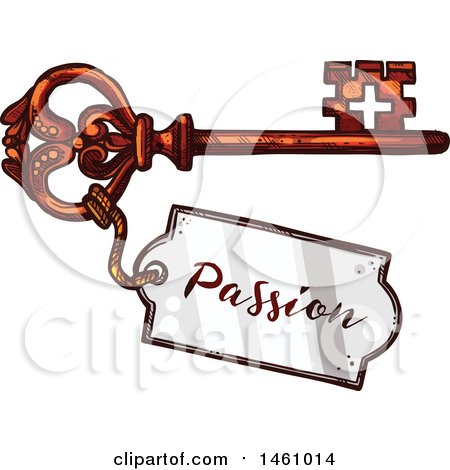 Clipart of a Sketched Vintage Skeleton Key with a Passion Tag - Royalty Free Vector Illustration by Vector Tradition SM