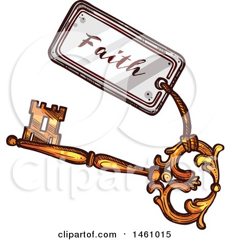 Clipart of a Sketched Vintage Skeleton Key with a Faith Tag - Royalty Free Vector Illustration by Vector Tradition SM