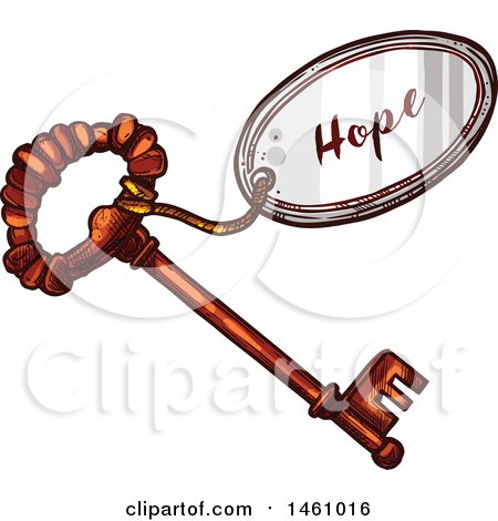 Clipart of a Sketched Vintage Skeleton Key with a Hope Tag - Royalty Free Vector Illustration by Vector Tradition SM