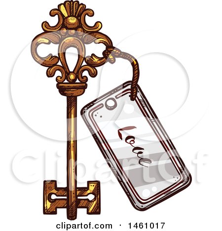 Clipart of a Sketched Vintage Skeleton Key with a Love Tag - Royalty Free Vector Illustration by Vector Tradition SM