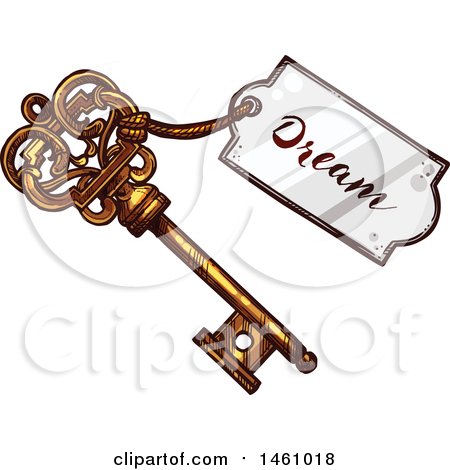 Clipart of a Sketched Vintage Skeleton Key with a Dream Tag - Royalty Free Vector Illustration by Vector Tradition SM