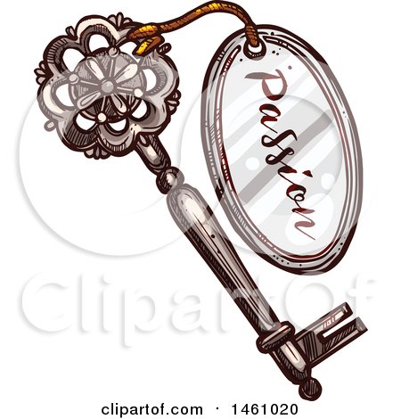 Clipart of a Sketched Vintage Skeleton Key with a Passion Tag - Royalty Free Vector Illustration by Vector Tradition SM