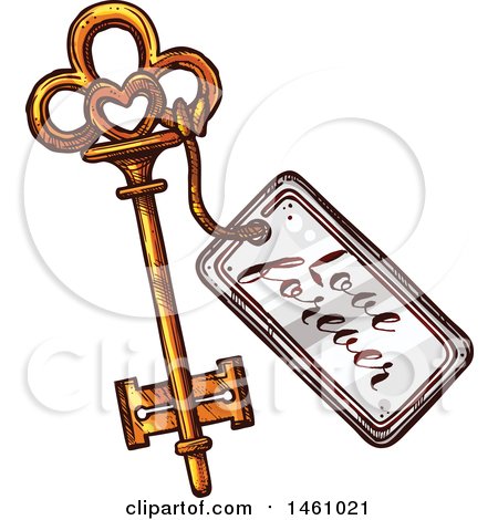 Clipart of a Sketched Vintage Skeleton Key with a Love Forever Tag - Royalty Free Vector Illustration by Vector Tradition SM