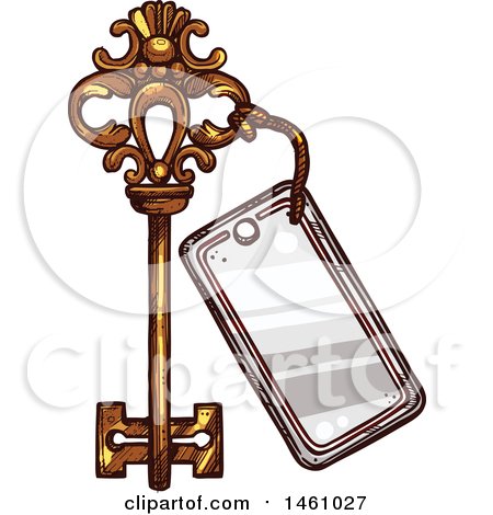 Clipart of a Sketched Vintage Skeleton Key with a Tag - Royalty Free Vector Illustration by Vector Tradition SM