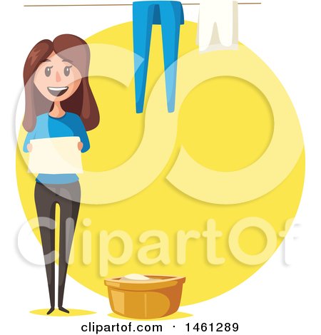 Clipart of a Cleaning Design with Text Space and a Woman Doing Laundry - Royalty Free Vector Illustration by Vector Tradition SM