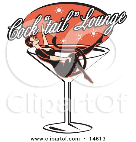 Woman In A Cat Costume Lying In A Giant Martini Glass At A Cocktail Lounge Clipart Illustration by Andy Nortnik