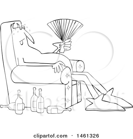 Clipart of a Cartoon Black and White Hot Chubby Devil Sitting in a Chair with a Fan and Bottles on the Floor - Royalty Free Vector Illustration by djart