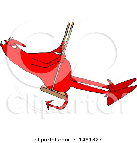 Clipart of a Cartoon Chubby Red Devil Swinging - Royalty Free Vector Illustration by djart