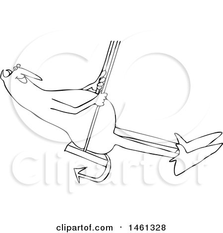 Clipart of a Cartoon Black and White Chubby Devil Swinging - Royalty Free Vector Illustration by djart
