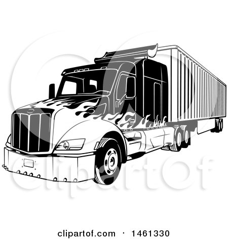 Clipart of a Black and White Big Rig Truck with a Flame Paint Job - Royalty Free Vector Illustration by dero