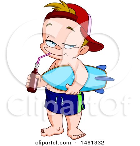 Clipart of a Cartoon Summer Boy Carrying a Surfboard and Drinking a Soda - Royalty Free Vector Illustration by yayayoyo