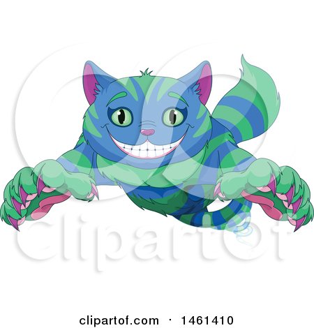 Clipart of a Grinning Striped Blue and Green Cheshire Cat Leaping Forward - Royalty Free Vector Illustration by Pushkin