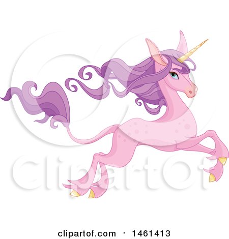 Clipart of a Leaping Pink Unicorn with Long Purple Hair - Royalty Free Vector Illustration by Pushkin