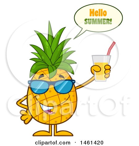 Clipart of a Male Pineapple Mascot Character Wearing Sunglasses, Saying Hello Summer and Holding Juice - Royalty Free Vector Illustration by Hit Toon
