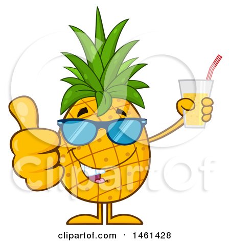 Clipart of a Male Pineapple Mascot Character Wearing Sunglasses, Giving a Thumb up and Holding Juice - Royalty Free Vector Illustration by Hit Toon